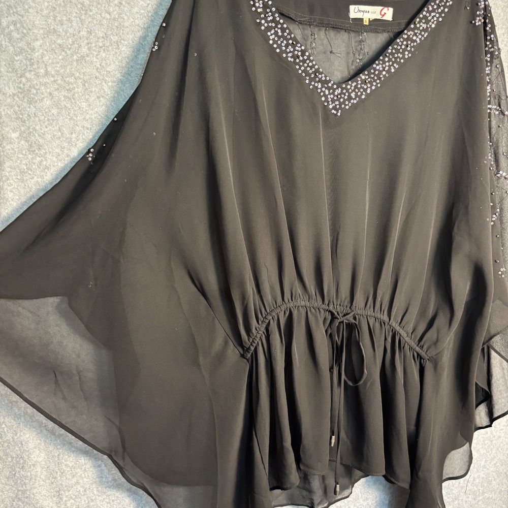 Vintage Umgee USA Black Sequin Sheer Poncho Blouse Small Boho Evening Y2K Top - Picture 7 of 11